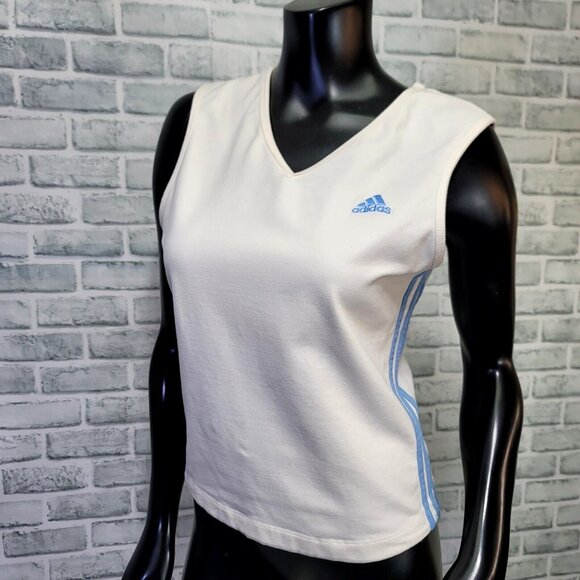 Vintage Y2K 2004 Adidas Womens XL Fitted Off White‎ Tank Top Crop Blue 3 Stripes - Picture 1 of 8